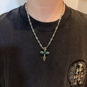 Chrome Hearts Classic Cross Green Diamond Necklace